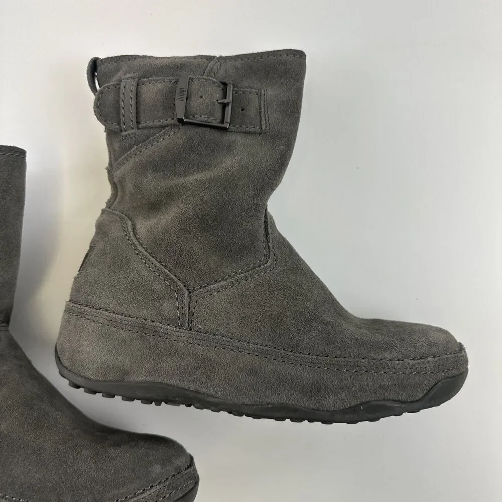 FitFlop Superboot Short Smoke Gray Suede Pull On Buckle Comfort Toning Womens 7